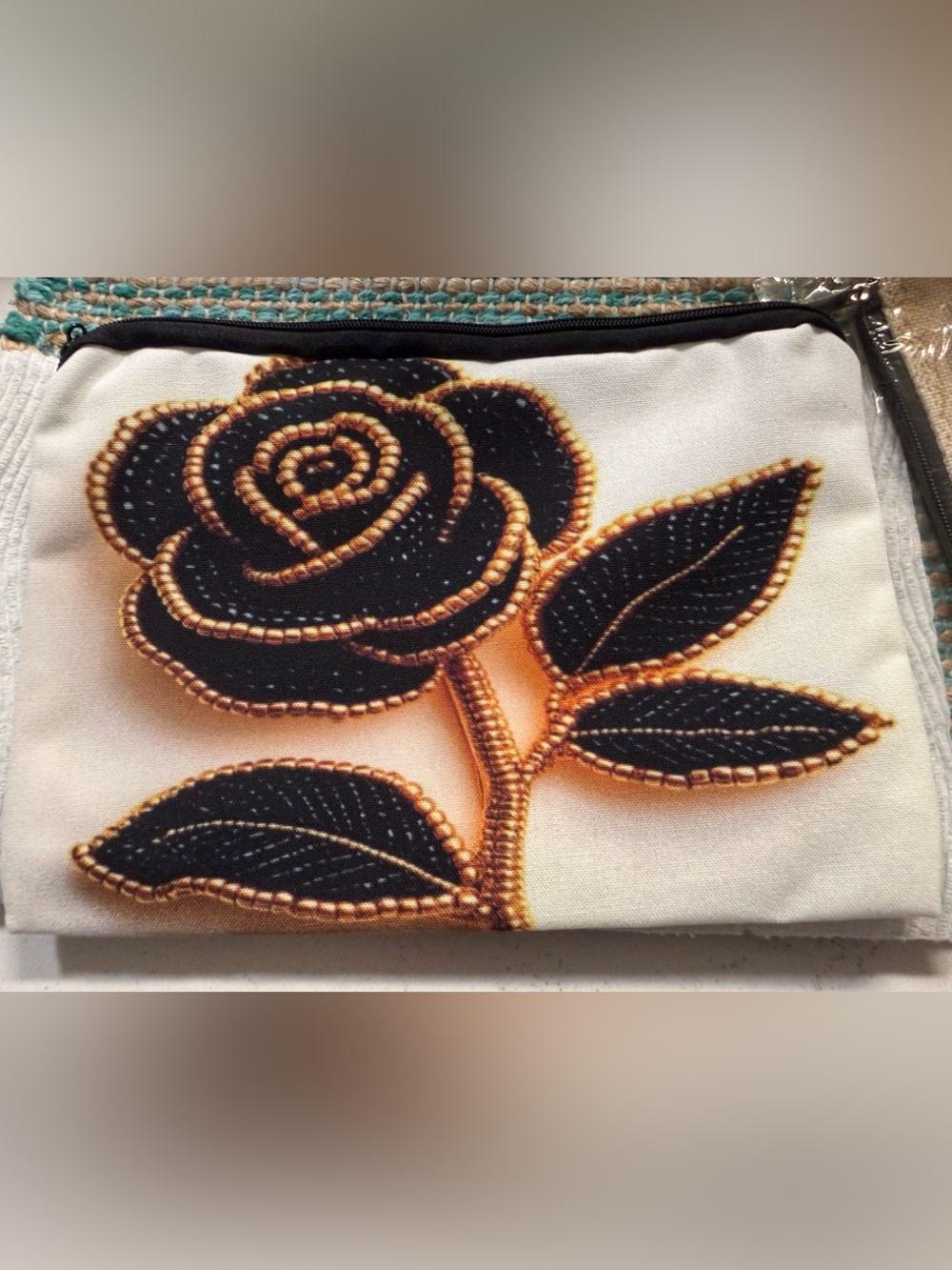 Mini Women's Floral Appliqué Crossbody Bag - Black & Cream